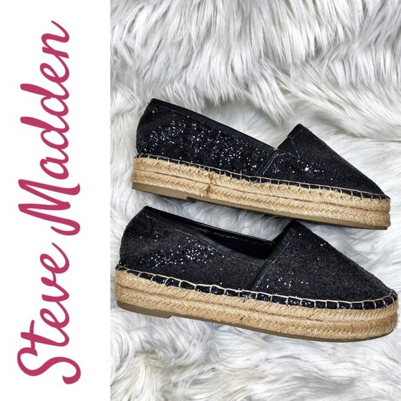 STEVE MADDEN LUNAH BLACK SPARKLE PLATFORM ESPADRILLE LOAFER SLIP ON, SIZE 7.5 - Picture 2 of 7